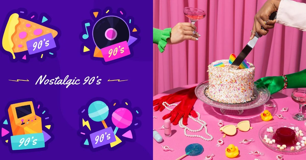 A pink table having 90s theme party accessories with a beautiful cake. On the left photo, 90s lollypop, pizza slice, Cd and game is shown.