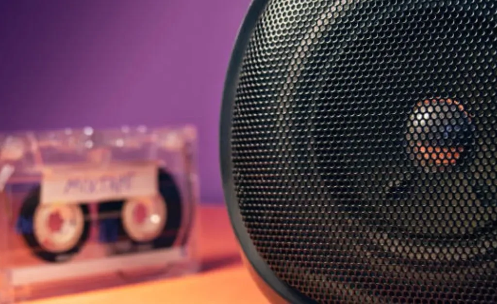 The speaker is black and there is a cassette behind it.