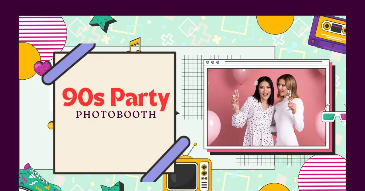 two women in white dress posing in front of 90s theme photobooth.