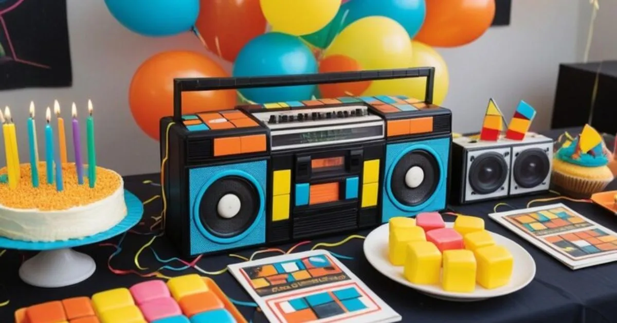 90s theme party table decorated in neon colored party items.