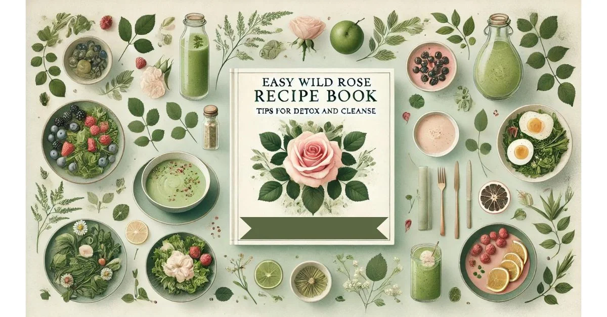 A book with white cover having pink rose, and title is placed. ingredients for different detox recipes are scattered around the book.