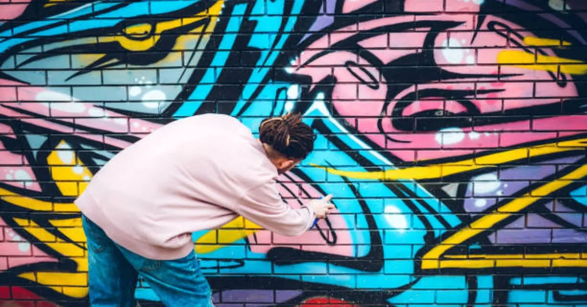 backside of graffiti artisit doing his work on wall in neon colors.