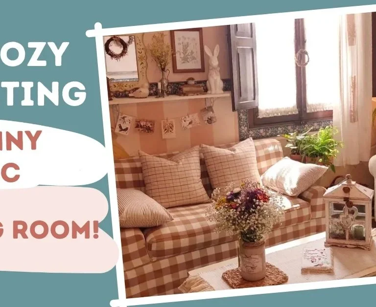 a cozy inviting granny chic living room in skin tone color schme on the right side while text displays on the left side.