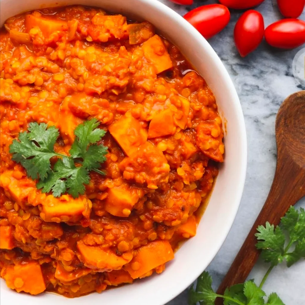 a recipe from wild rose recipe book, a bowl of lentil and sweet potato stew.