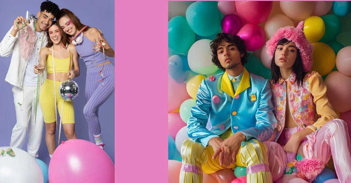 a couple posing in front of balloons in neaon colors dress on the left side. on right three frinds are laughing and posing in 90s theme part outfits.