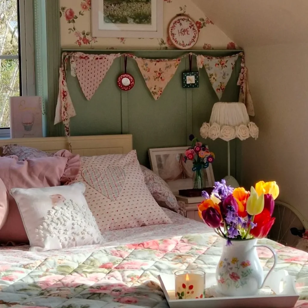 A granny chic living room having white and pinkish textiles is shown. a candle and vase with flowers is placed on bed.