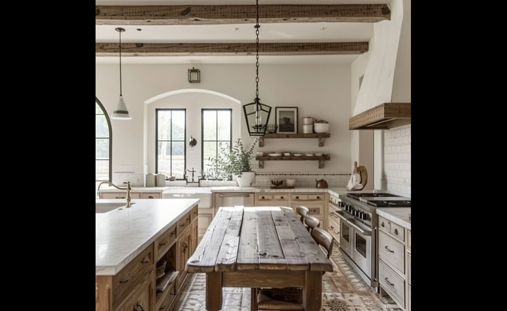 farmhouse chic style kitchen having glass windows without curtains.