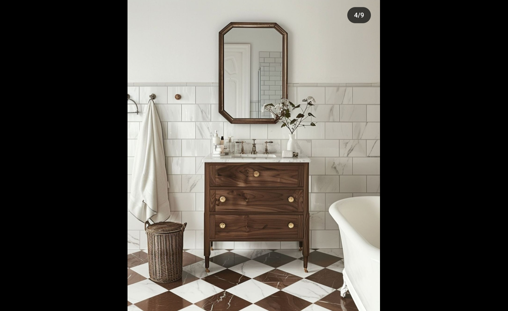 A white farmhouse chic style bathroom having white bath tub, rustic console and checkboard flooring.