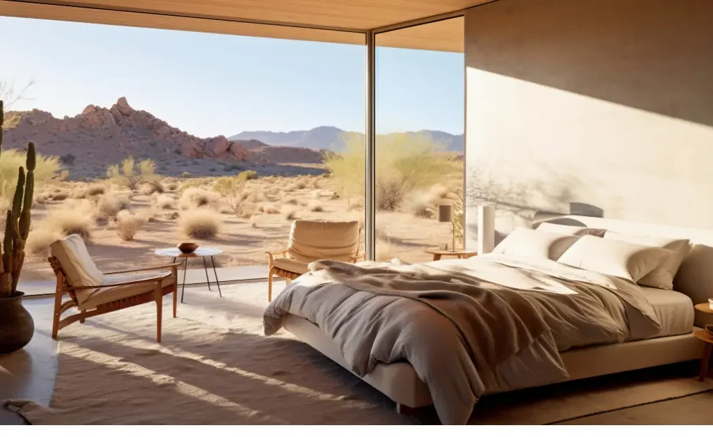 A desert-themed bedroom with wide glass window facing desret outside.