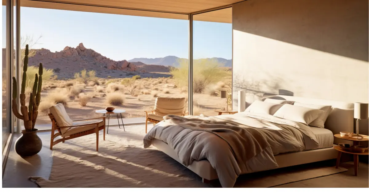 A desert-themed bedroom with wide glass window facing desret outside.