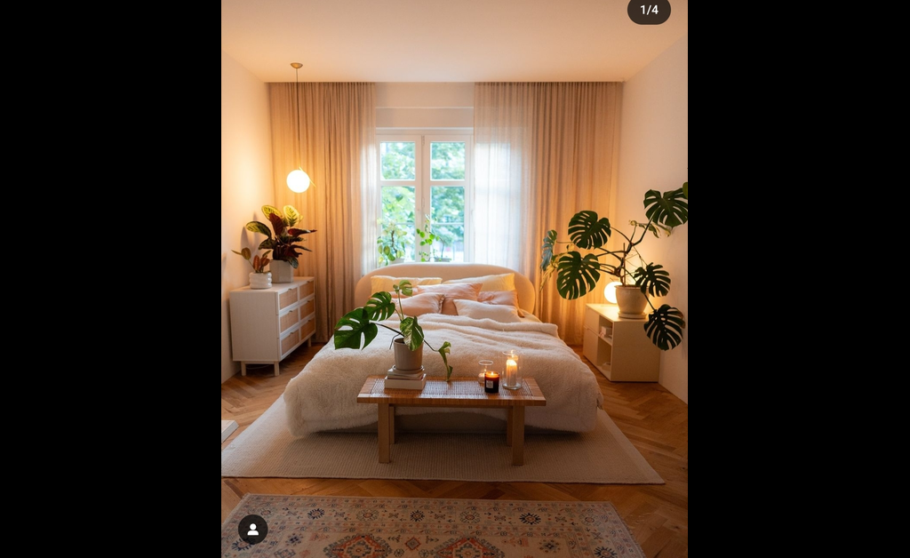 A beautiful bright, airy desert-themed bedroom with lots of indoor plants.