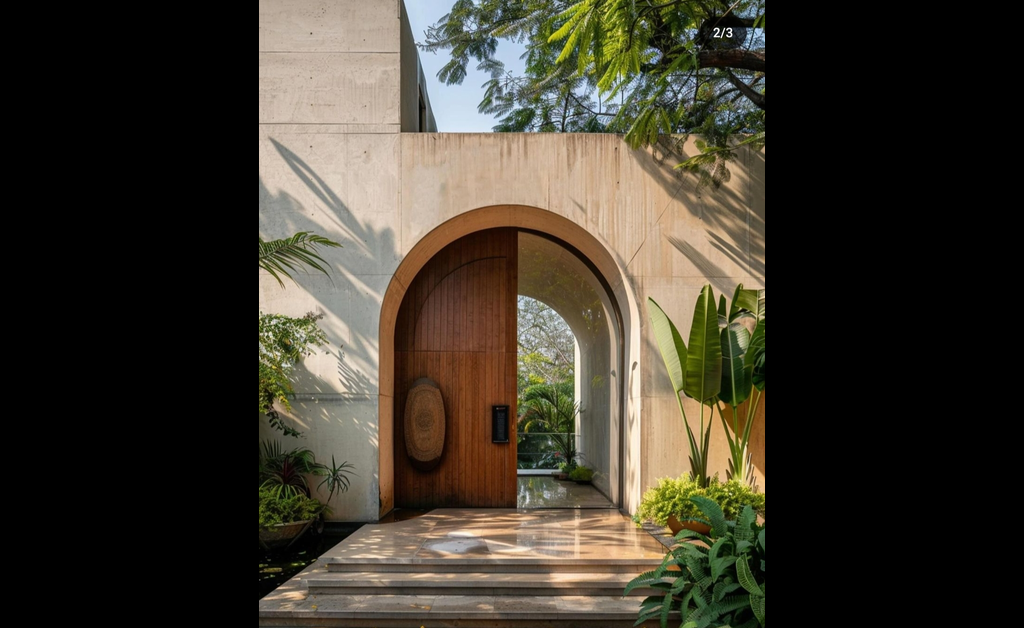 a desert themed villa with earthy toned walls and entrance.