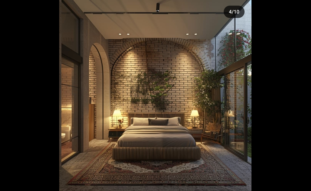 A desert-themed bedroom styled with terracotta floor tiles.