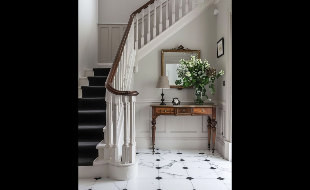 A white farmhouse chic decor stairs facing rustic console and mirror.