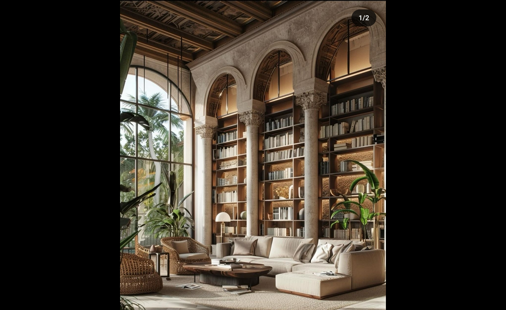 A high roof, desert-themed living room with library in wall.