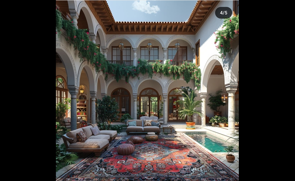 An open roof large desert-themed living area with a pool at the right corner.