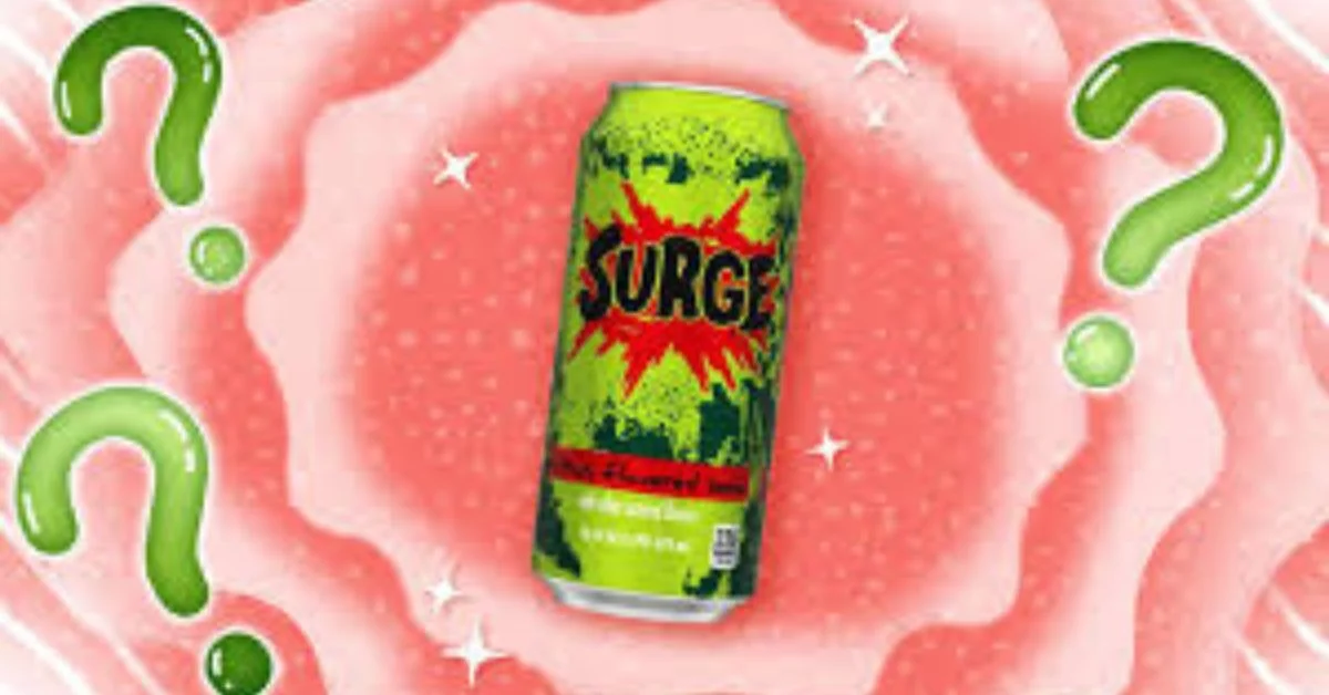 90s favorite drink Surge  tin on peach background.