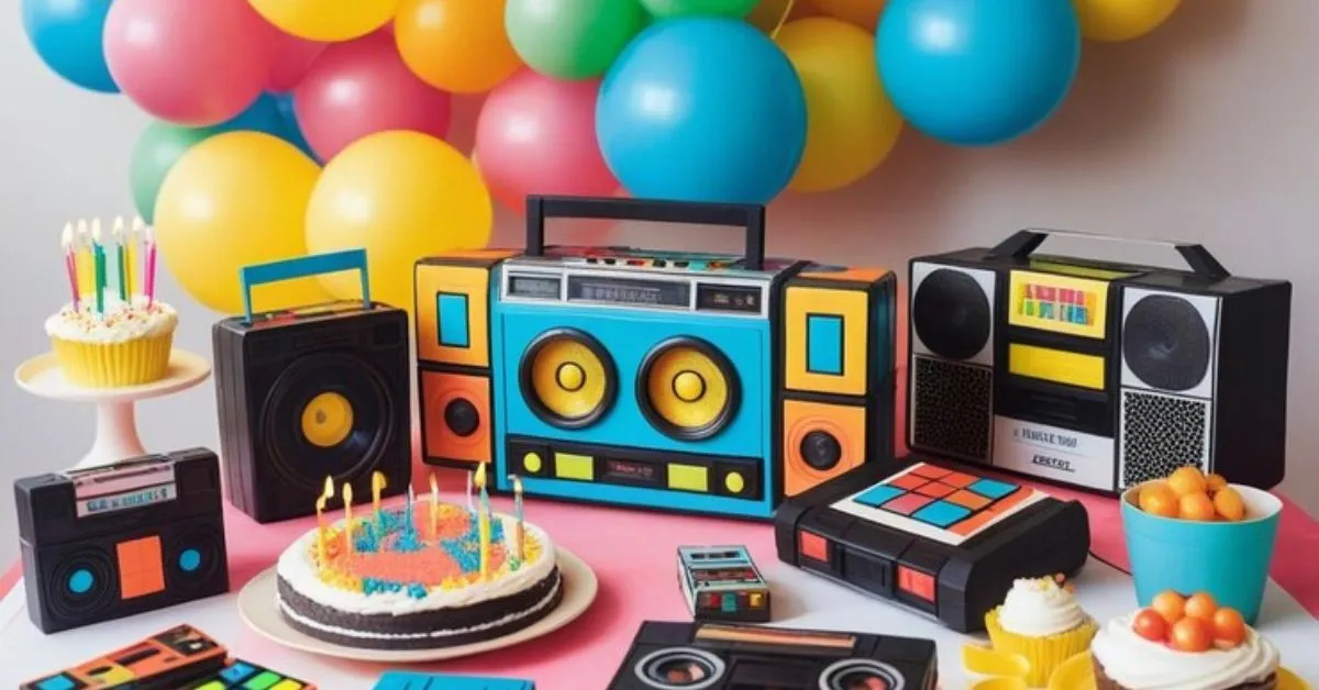 A tabletop decorated with neon colored 90s theme party food, balloons, cassettes, and tape recorders.