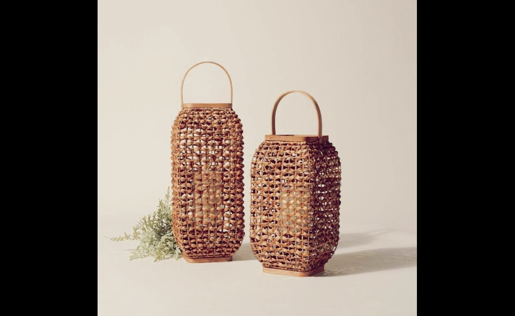 two woven rustic lanterns for desert-themed bedroom.