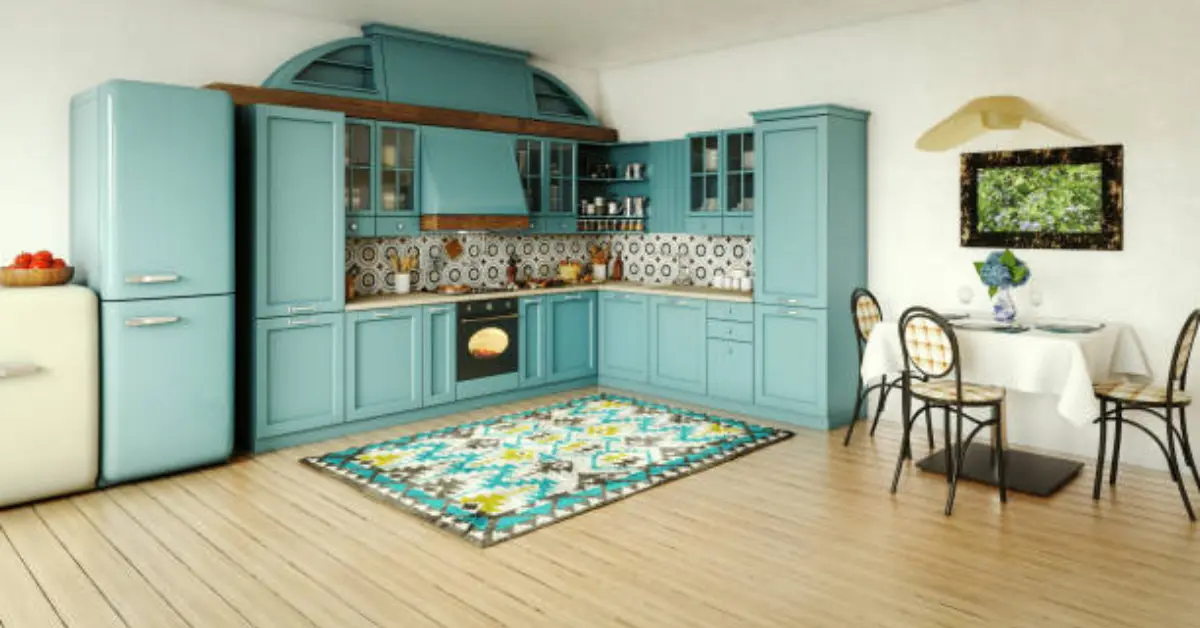 a modern open light blue kitchen in 70s style.