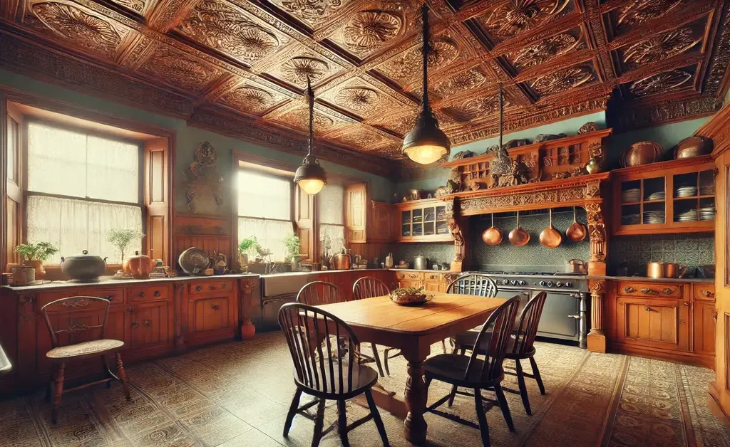 Antique ceilings, hanging globes, vintage cabinets, and furniture is beautifully placed in the Victorian kitchen.