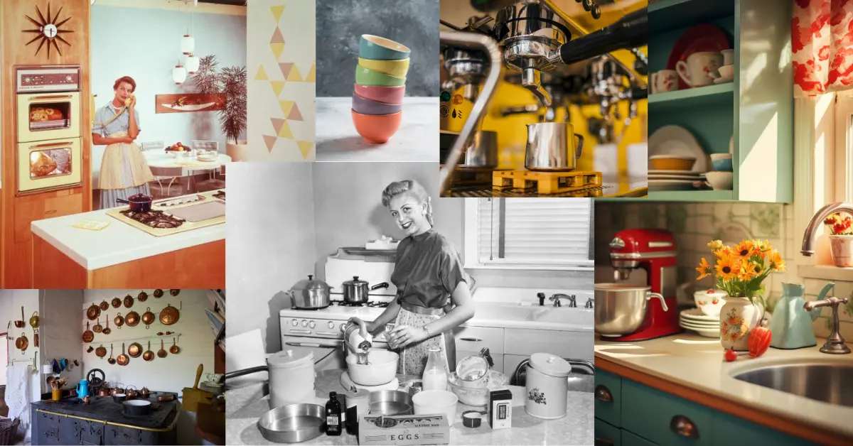 black and white, and colorful vintage 1970s appliances