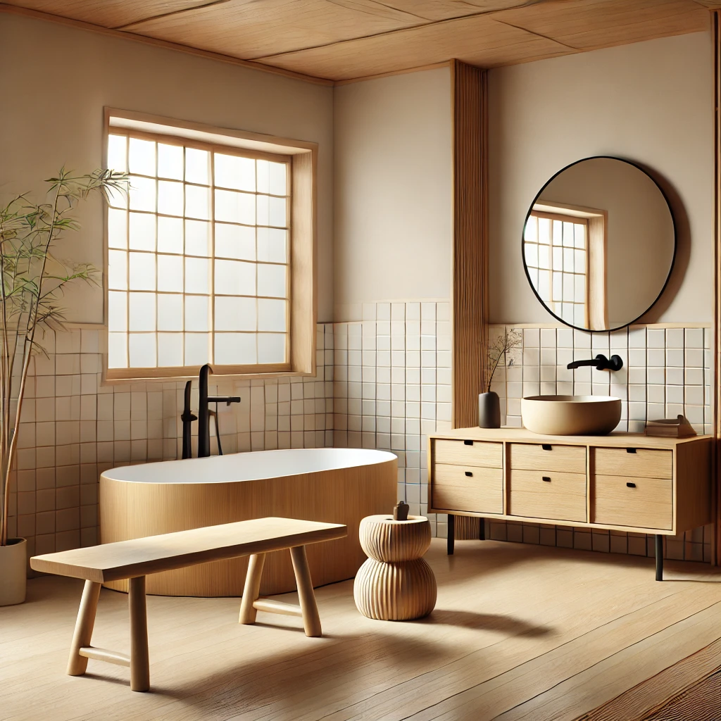 The bathroom features natural wood accents, and low height stools, bath tub and drawers.