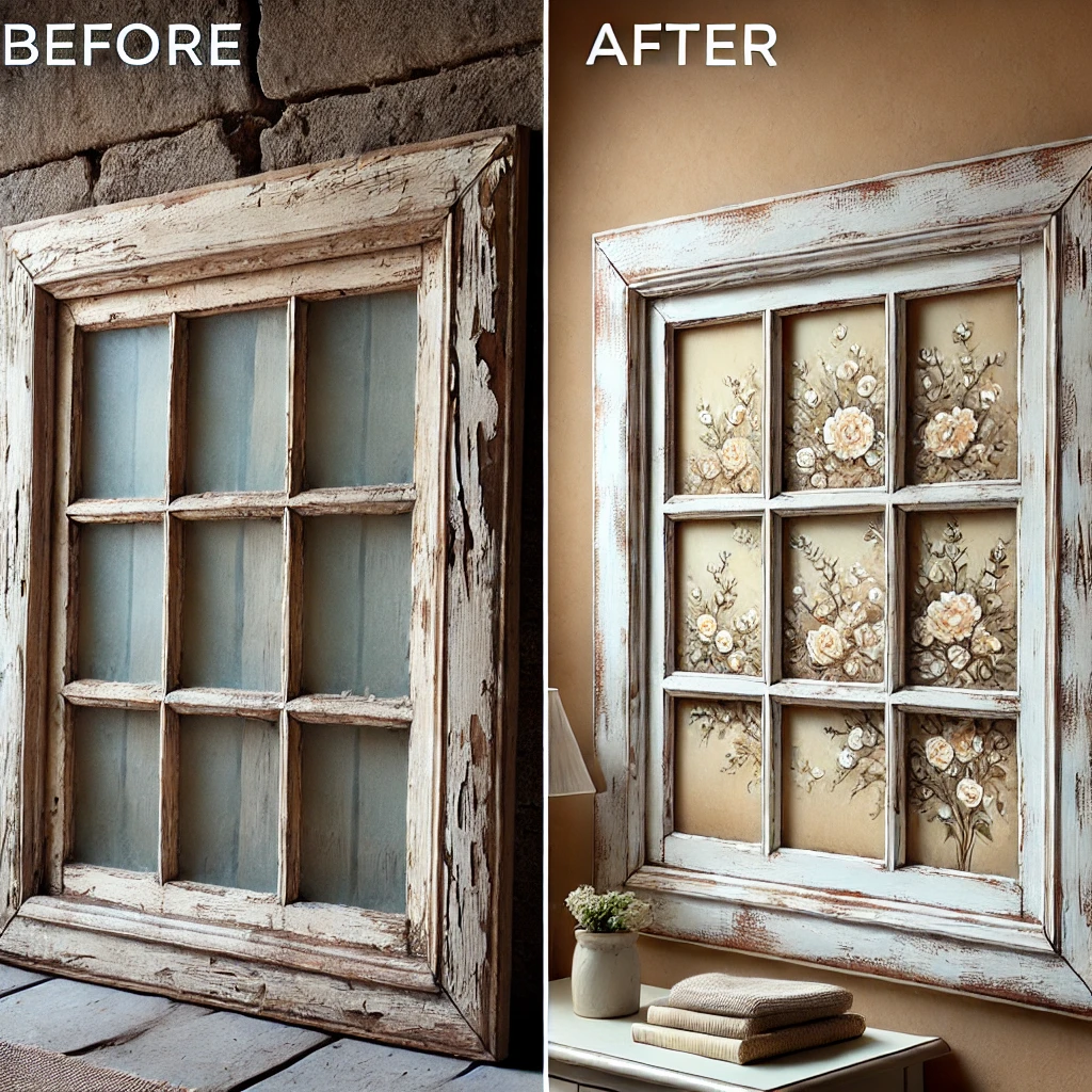 A transformation picture of old and repurpose window  door.