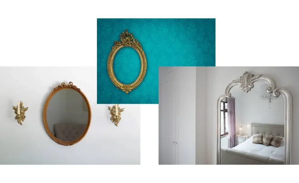 Two golden antique and one silver decorative mirrors placed on walls.