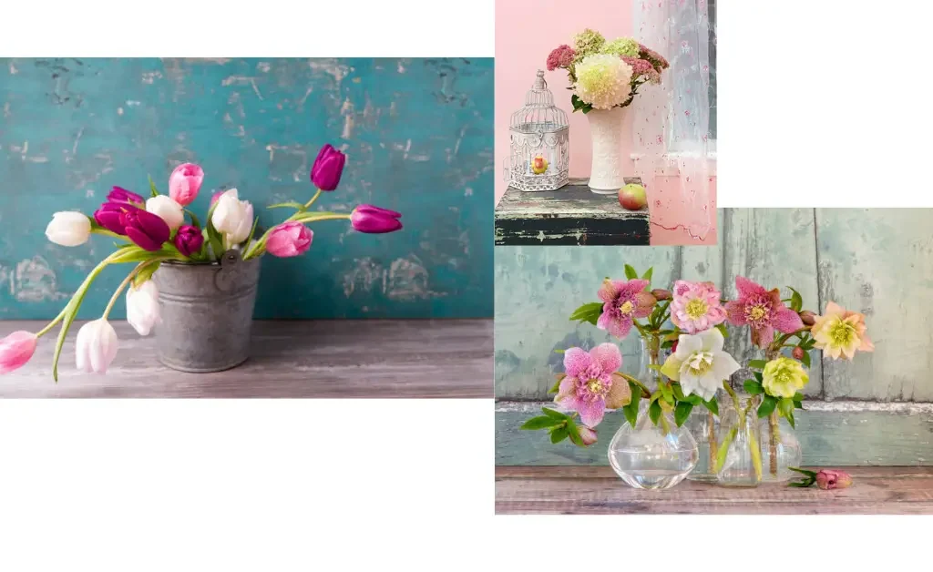 beautifully shabby chic style flowers arranged in glass and stell pots.