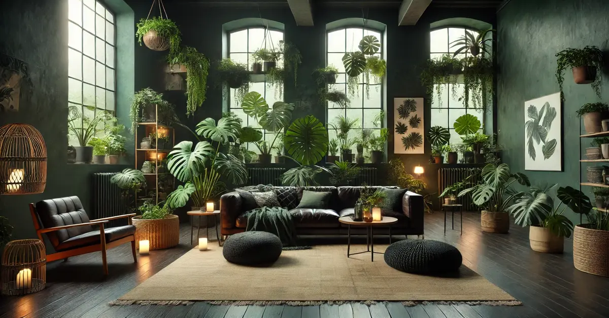 real and fake plants decorated in windows, hanging from the roof top in dark living room.