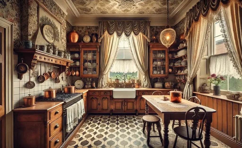 beige and white lace curtain hanging on large windows in victorian kitchen.