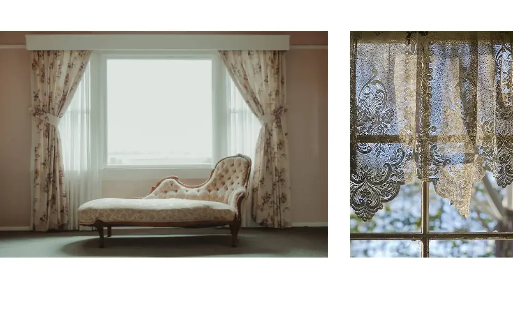 Lace curtains hang on wide open glass window. a sofa is placed in front.