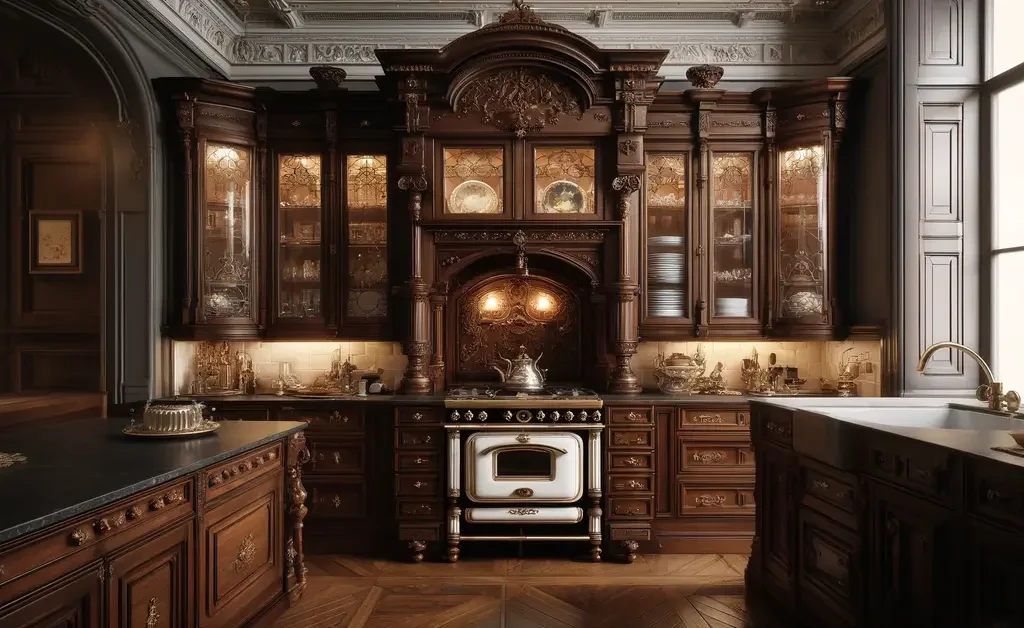 Dark brown wooden ornate cabinets and an old style gas oven on the front is visible in Victorian kitchen ideas.