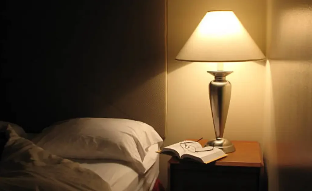 Modern sleek lamp lightens on the bed side table.