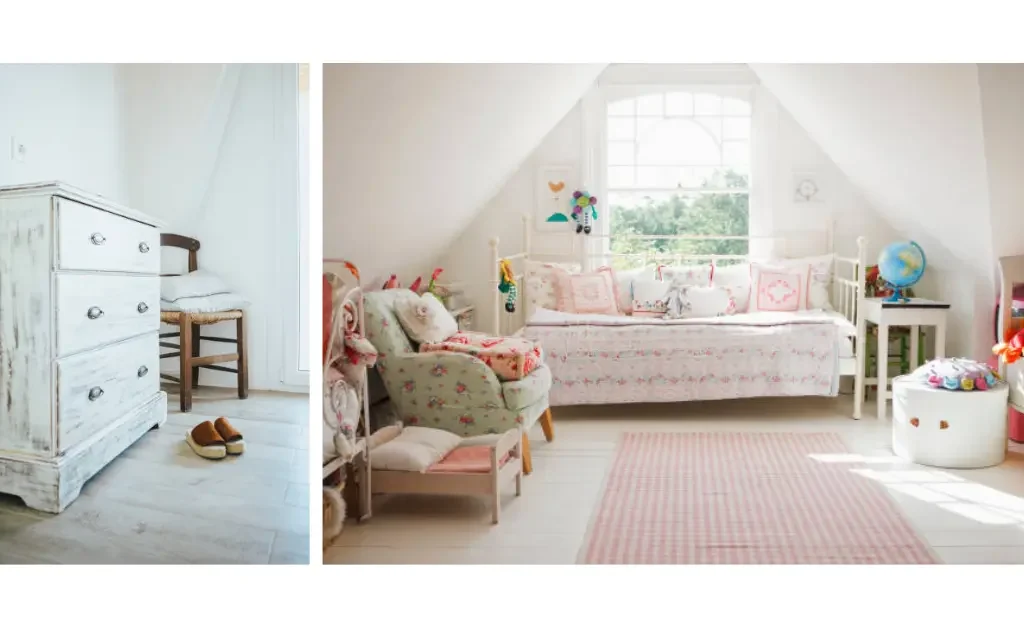 a shabby chic living room in soft pink colors. on left is a white storage cabinet in shabby chic style.