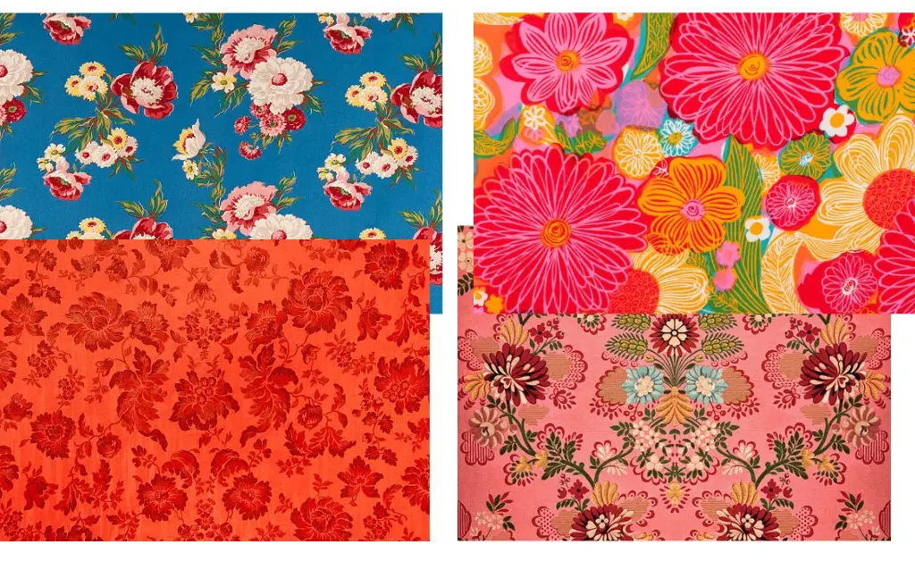 Four different floral print fabrics, signature to shabby chic living room ideas.