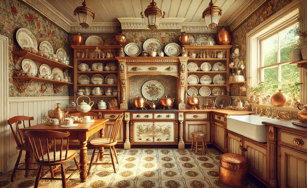 A vintage styled tea set is placed on small dinning table. floral tiles flooring with antique stools is seen.