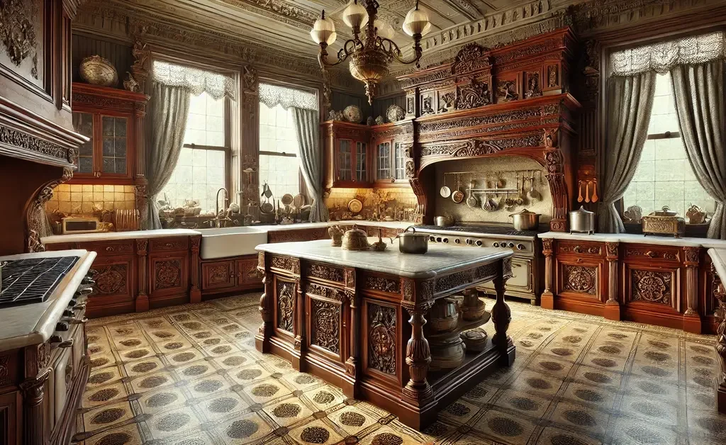 Antique-styled cabinets, furniture and cookware is placed neatly in the Victorian kitchen. A chandelier is hanging from the rooftop.