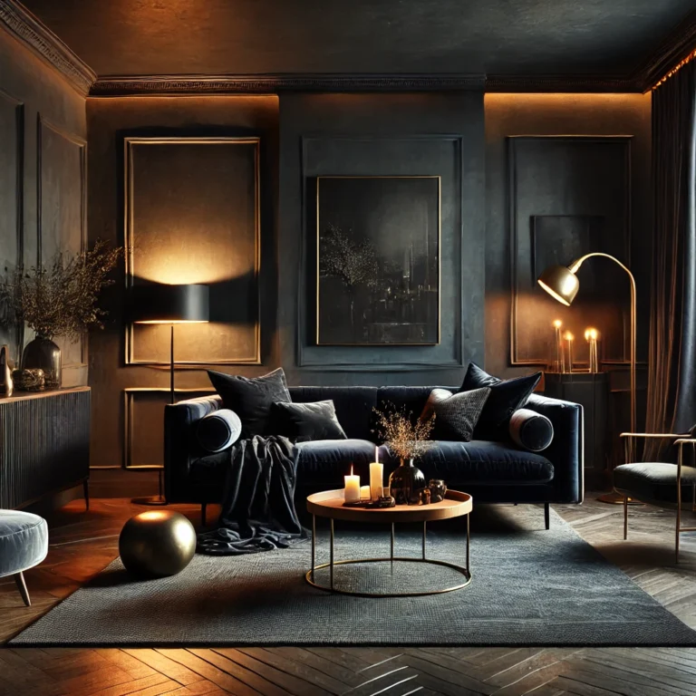 A cozy dark living room with a moody, sophisticated atmosphere. The walls are painted in deep charcoal, complemented by dark furniture such as a plush.