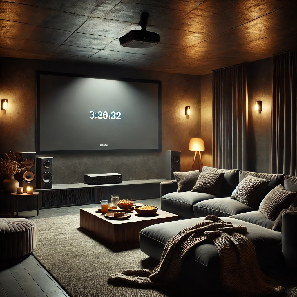 A cozy, dark-themed living room transformed into a home cinema. The space has dim, ambient lighting with a large projector screen on one wall.