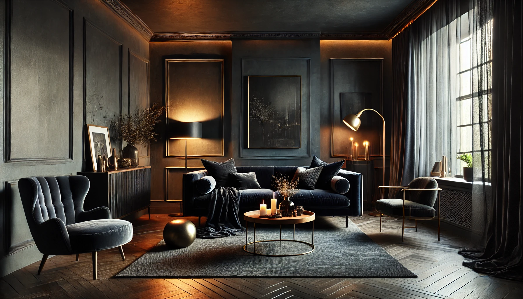 A cozy dark living room with a moody, sophisticated atmosphere. The walls are painted in deep charcoal, complemented by dark furniture such as a plush.