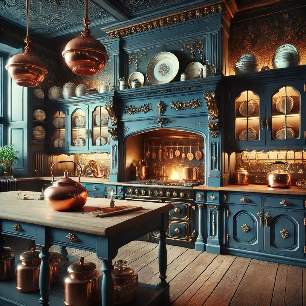 a beautiful combination of blue and copper Victorian kitchen. cookware are placed on counter tops and stove is also burning.