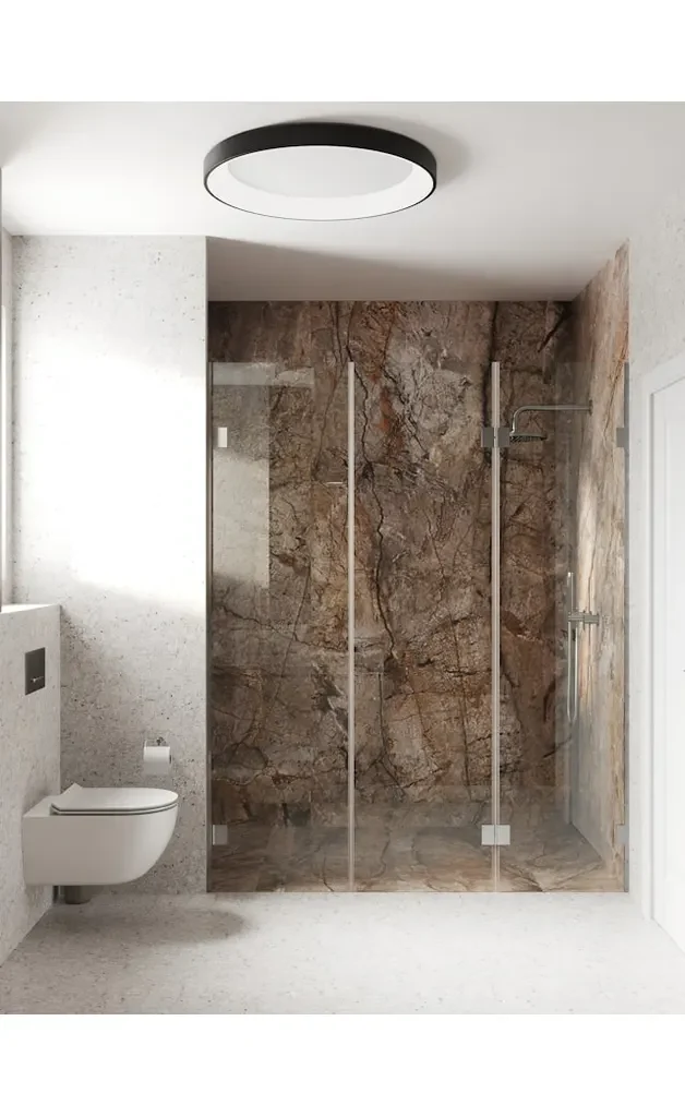 A white floating toilet in japandi bathroom.