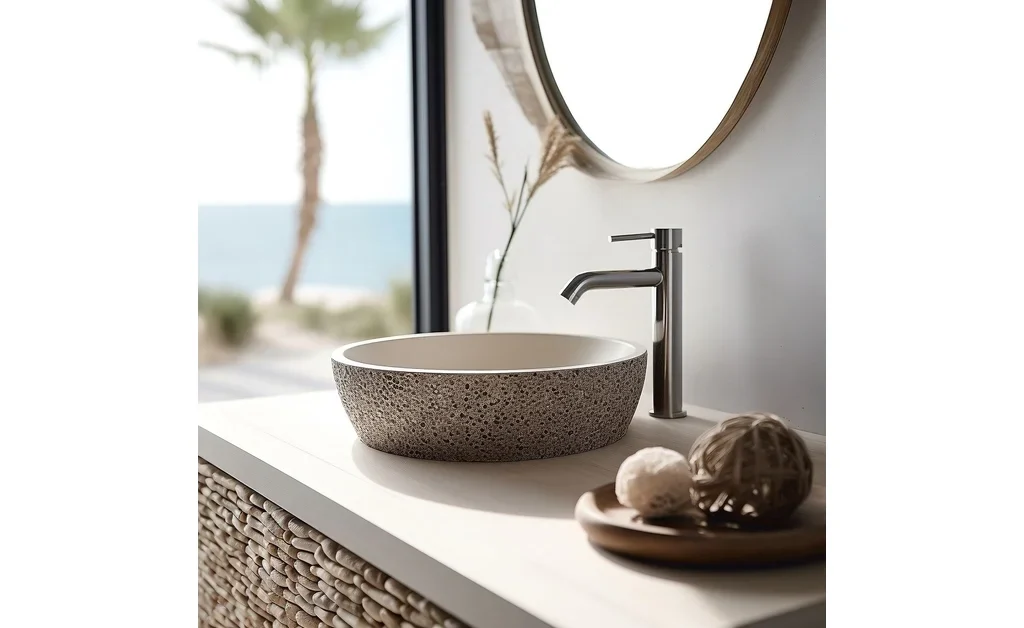 A beautiful sink bowl in japandi bathroom.