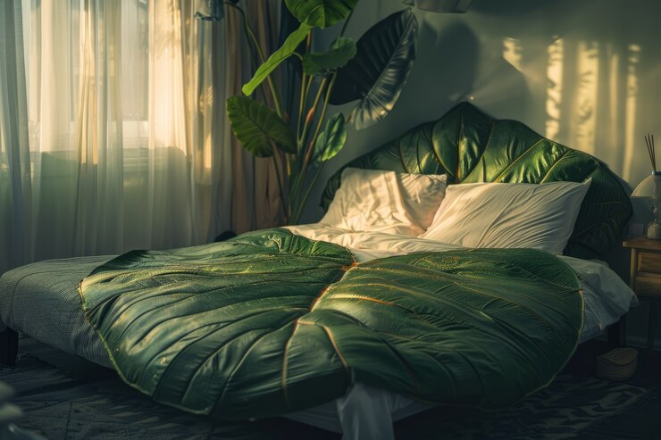 A unique, green leafy bedding on forest themed bedroom.