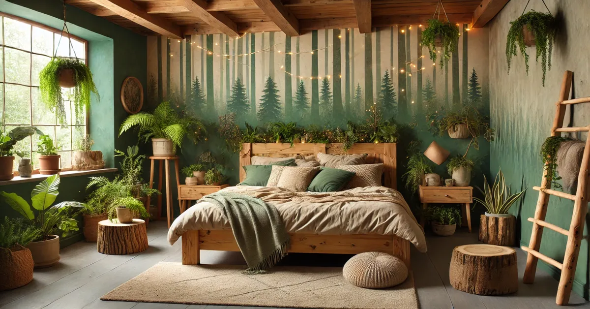 a forest-themed bedroom with plants, wooden logs on floor and rug.