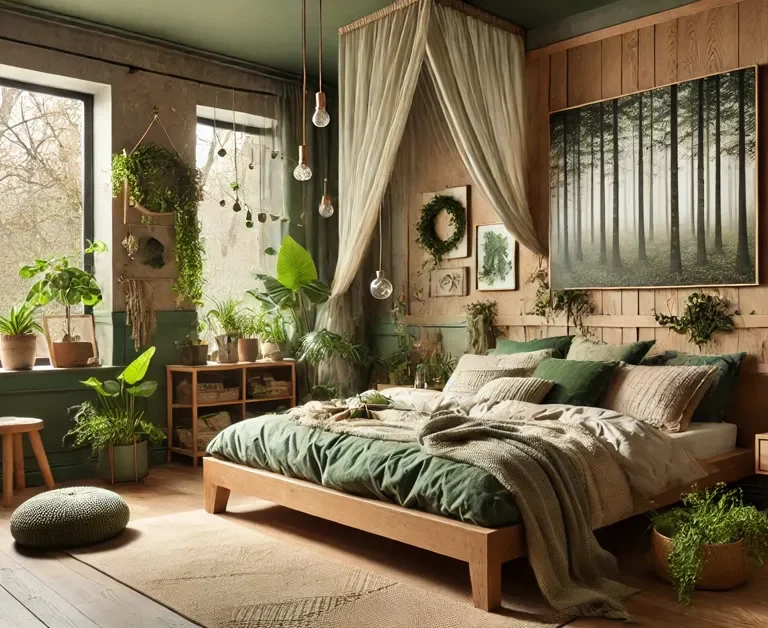 A cozy forest-themed bedroom with lots of greenery.