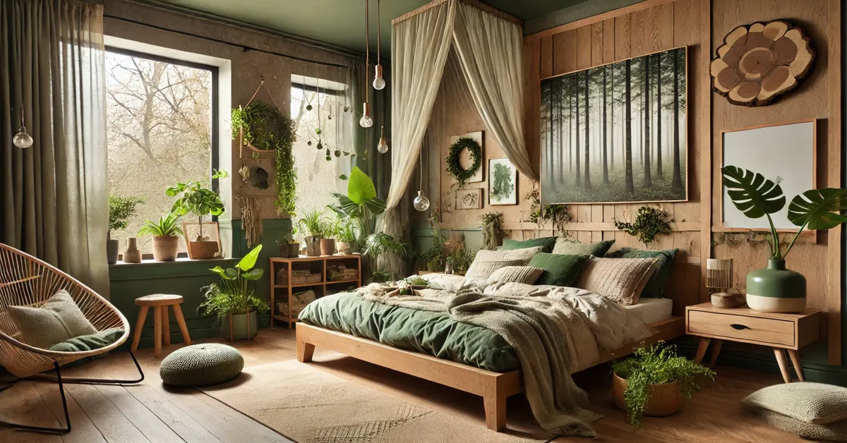 A cozy forest-themed bedroom with lots of greenery.