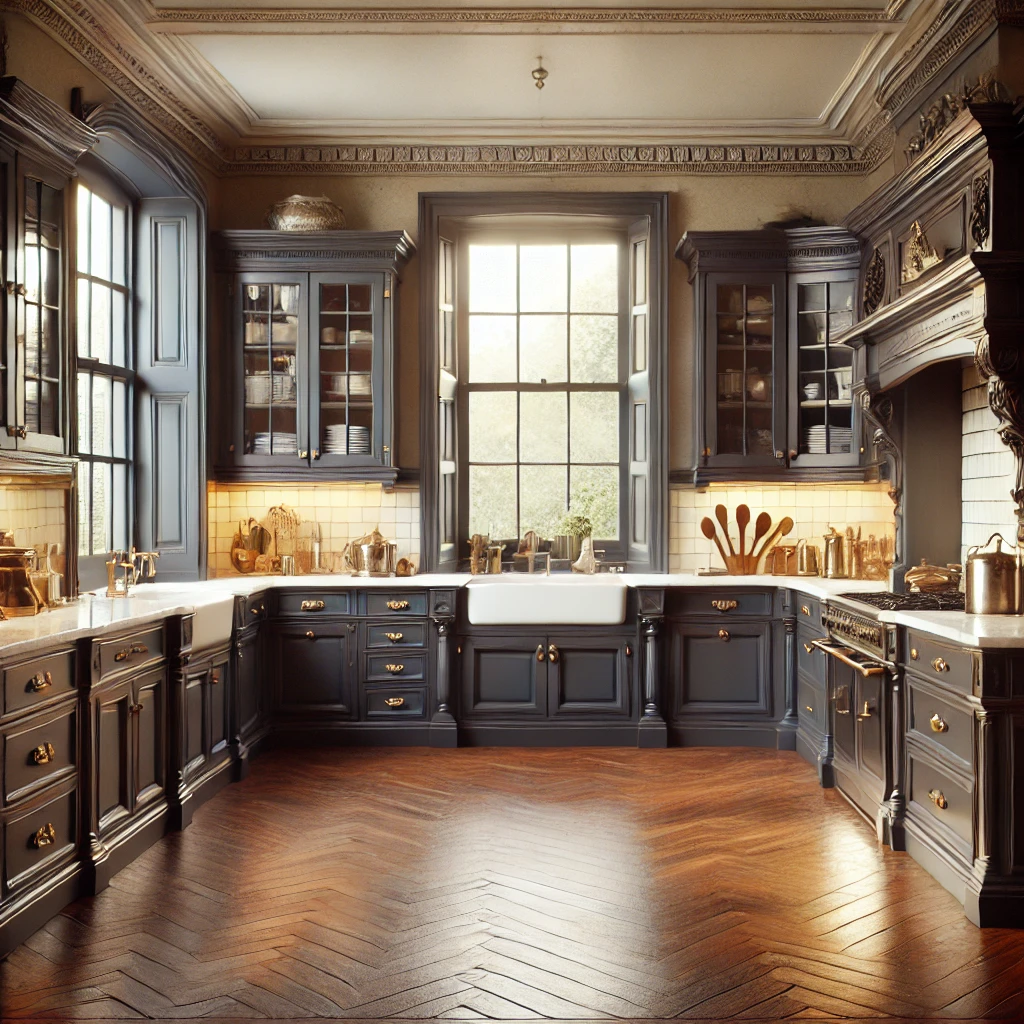 Victorian-style kitchen with dark wood cabinets, marble countertops, and brass handles. The room features a central island and high window.
